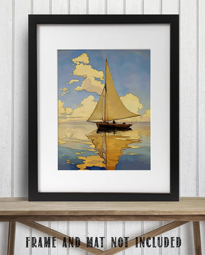 Sailing at Sunset Painting - 11x14 Unframed Poster - Seascape Art for Beach House, Vacation Home, and Nautical Decor - For Yacht Clubs, Sailing Enthusiasts, Man Cave, Home Office, and Living Room