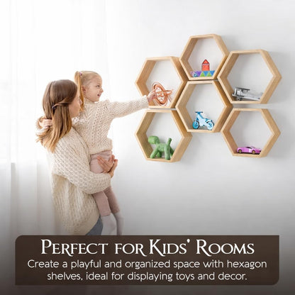 Decovate Hexagon Floating Shelves Set of 6 Honeycomb Shelves for Wall, Wooden Hexagon Shelves for Farmhouse Storage. (Natural Wood)