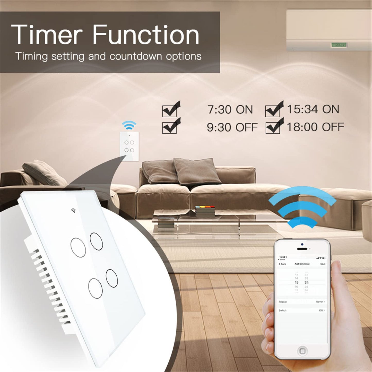 MOES Touch Wall Single Live Wire Smart Switch，No Neutral Wire Needed, 2.4GHz WiFi RF433 Light Switch Works with Smart Life/Tuya App, Alexa and Google Home, Single Pole 110V, White 1 Gang