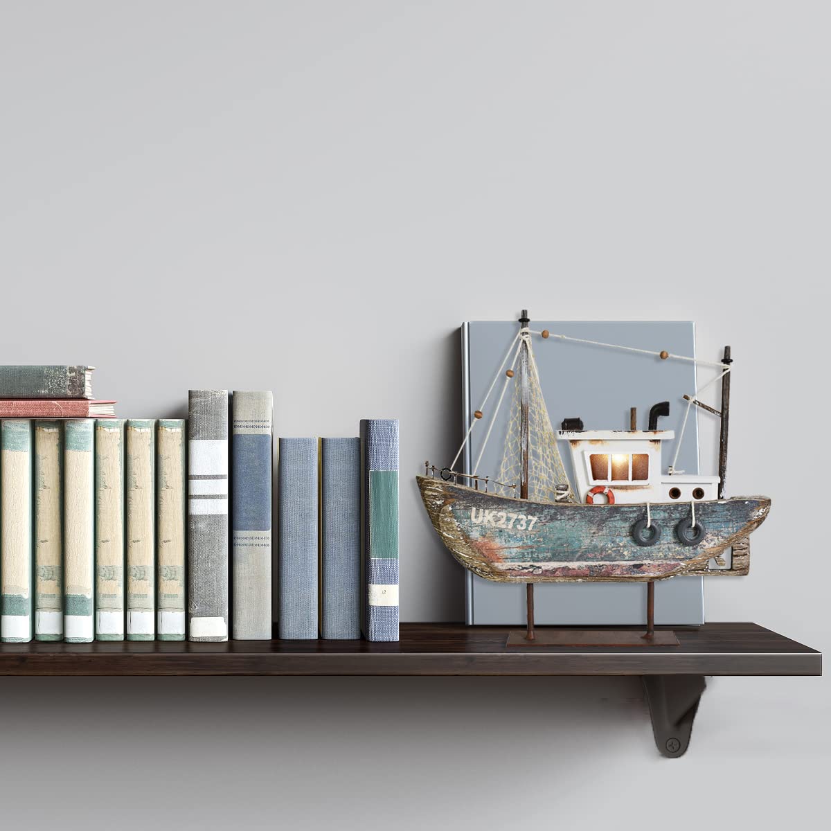 wovorins Wood Sailboat Nautical Decor with LED Light - Decorative Sailing Boat Model Beach Themed Ship Table Centerpiece Rustic Distressed Ocean Decoration Boats Figurine Ornaments