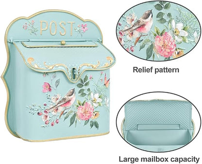 BIG FORTUNE Wall Mount Mailbox for House Outside Vintage Metal Door Mailbox Antique Style Nostalgic Charm Home Decor Garden Vintage English Cottage Decor Flower Patter (LightGreen)
