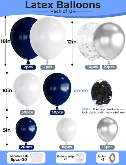 Navy Blue and Silver Balloons Garland Arch Kit,134 Pcs Graduation Balloons, White Navy Blue and Silver Balloons with Confetti Latex Balloons for Graduation, Birthday Baby Shower Wedding Decorations