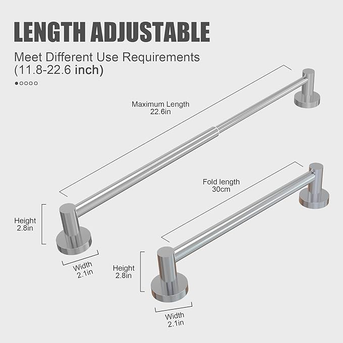 Honmein Towel Bar - Adjustable 304 Stainless Steel Towel Holder for Bathroom (11.8inch-22.6inch) Sturdy and Rustproof Wall Mounted Towel Rack for Bathroom Accessories, Polished Silver…