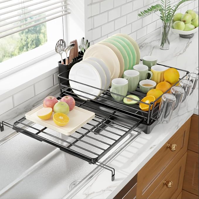 Ekisemio Expandable Dish Drying Rack with Utensil Holder & Drip Tray, Black | Ekisemio 12.7"-21.7" Expandable Dish Rack | 360° Swivel Spout | Steel Frame | Dual Utensil Holder | Tool-Free | Anti-Slip