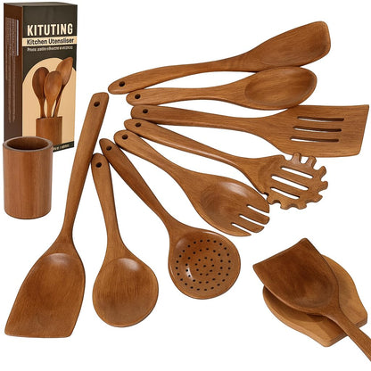 KITUTING Wooden Spoons for Cooking Set of 10 - Cooking Utensils with Spoon Rest & Holder – Comfortable Grip & Easy to Clean - Wooden Spoon Set for Kitchen with four Hanging Hooks