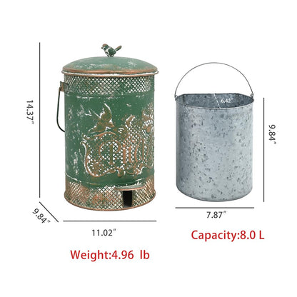 Chadechimo Farmhouse Garbage Can with Lid Indoor Outdoor Trash Can with Embossed Bird and Flowers PatternMetal Retro Kitchen Trash Can with Lid for Kitchen Room and Garden Decor (Green)
