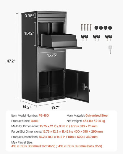 VEVOR Package Delivery Boxes for Outside, 47.2 in Mailbox for Parcel with Lock, Galvanized Steel Package Drop Box with Anti-Theft Design, Weather-Resistant Package Mailbox for Home and Office, Black