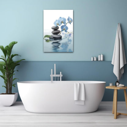 CXHOSTENT Spa Bathroom Wall Art Blue Orchid Flowers and Zen Stones on Water Pictures Print on Canvas Framed Artwork for Yoga Zen Room Decor (Zen-3, 12.00"x18.00")