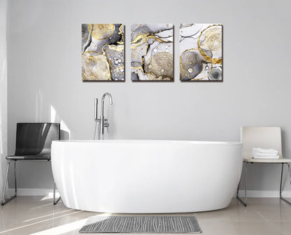 Gold Abstract Wall Art 3 Pieces Modern Framed Artwork Black and White Grey Gold Fluid Ink Annual Rings Pictures Canvas Prints Painting for Living Room Bedroom Kitchen and Office Wall Decor 12x16inx3
