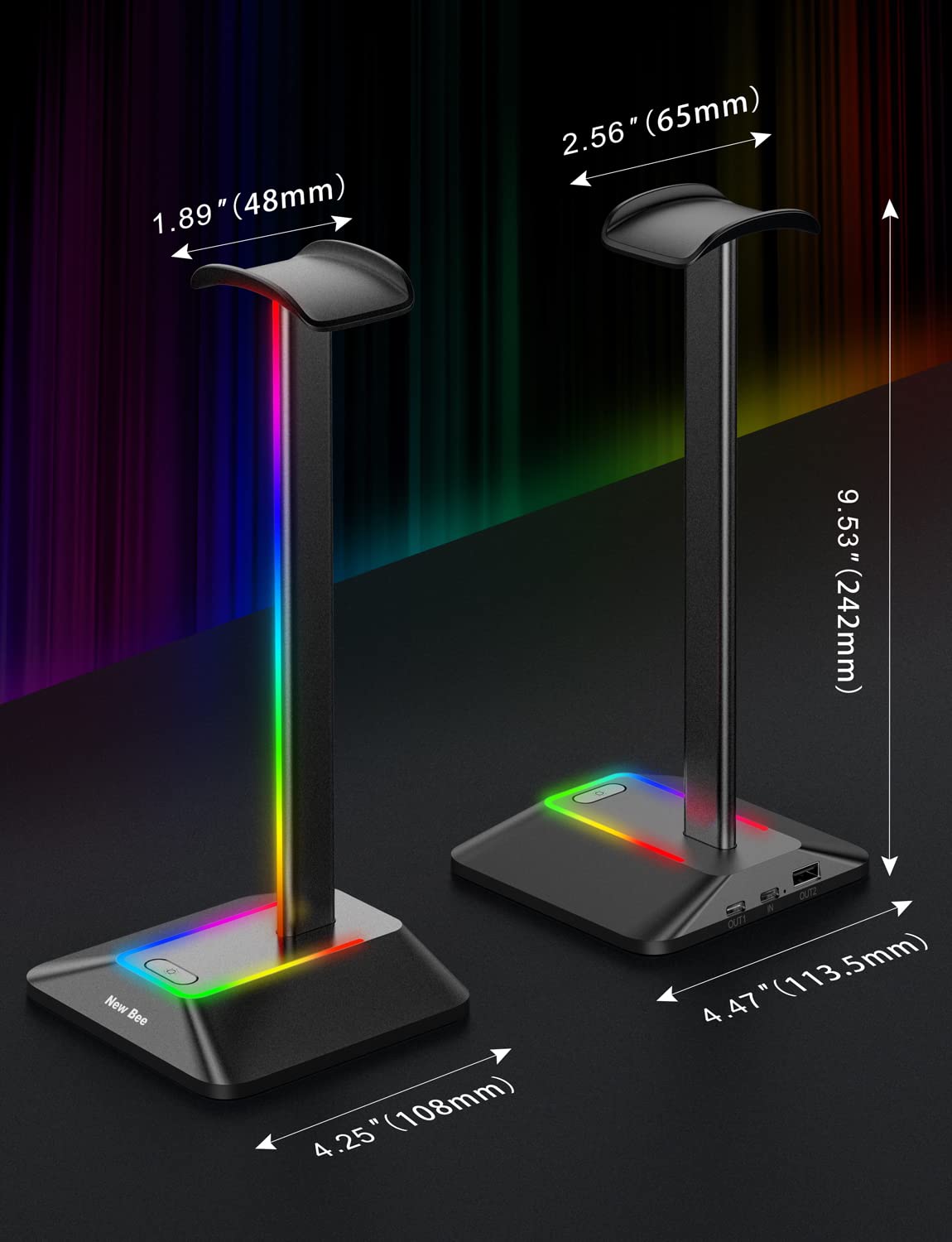 New Bee Headphone Stand with RGB Lighting, Sturdy Aluminum Gaming Headset Holder with USB-C & USB Charging Ports, Stable Desktop Earphone Stand for All Headphones Size, Black