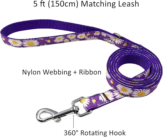 Dog Collar Leash Set, Floral Pattern, Nylon Webbing Plus Cotton Ribbon, 5ft Matching Leash, for Small Dogs.(S, Purple Daisy)