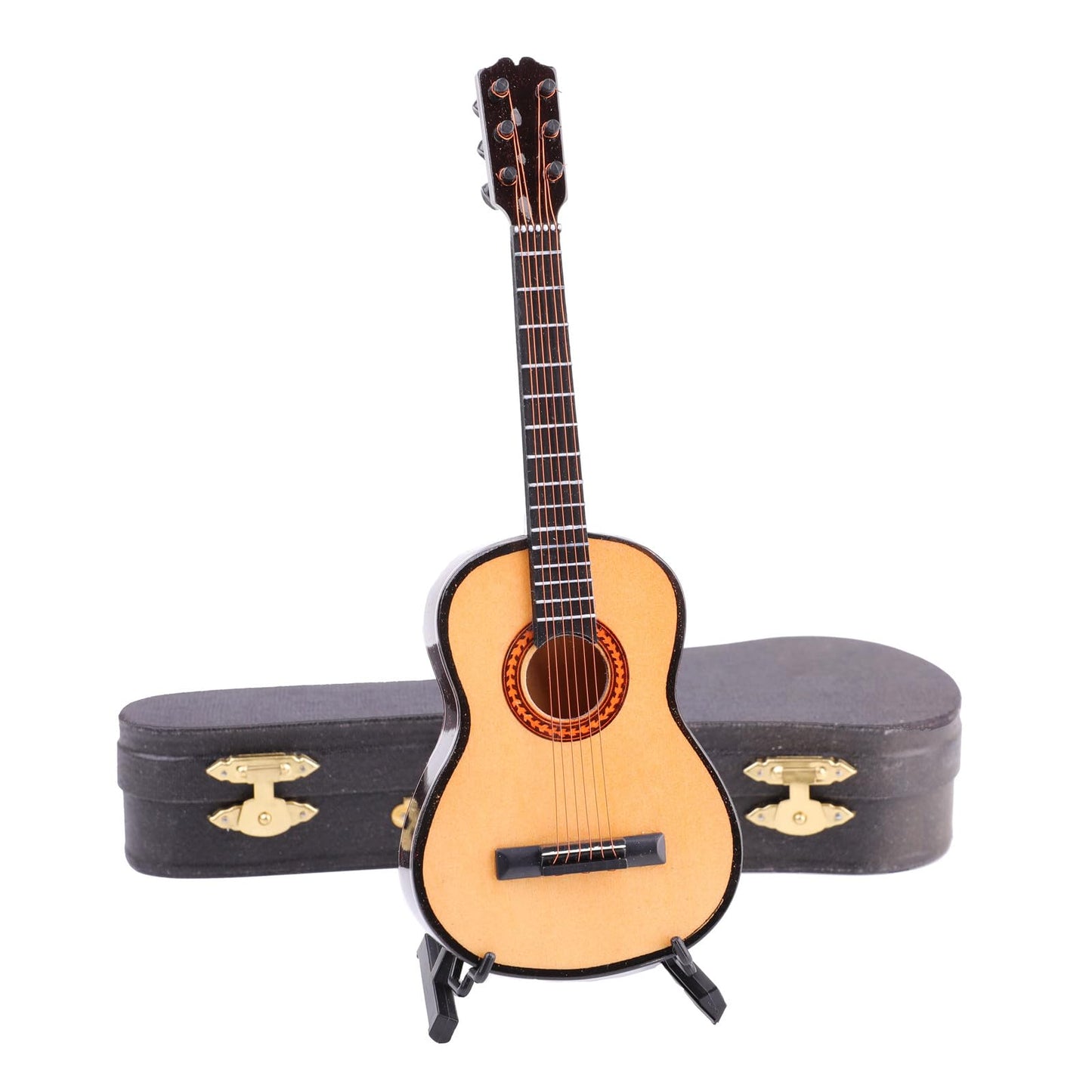 Dselvgvu Wooden Miniature Guitar with Stand and Case Mini Musical Instrument Guitar Replica Collectible Figurines Dollhouse Accessories Model Home Decoration Display Ornament (7.87"x2.87"x0.94")