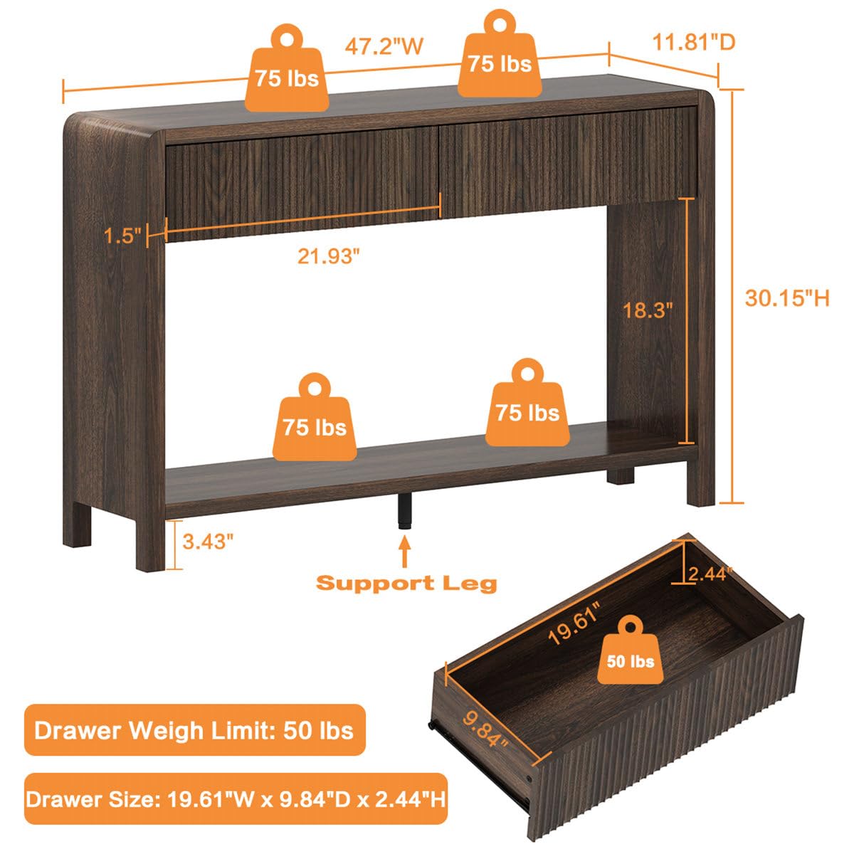 FATORRI Shoe Storage Bench and Console Table with 2 Drawers for Entryway, Living Room (Dark Walnut)