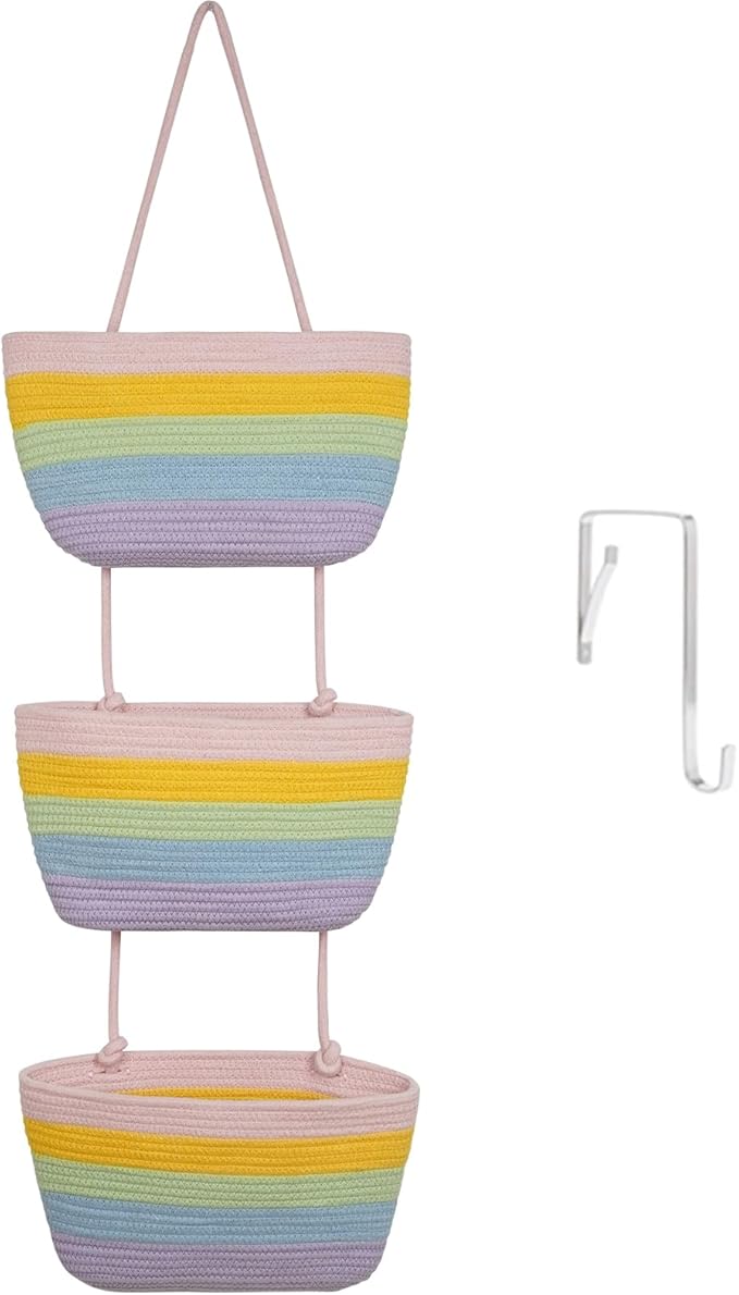 TeoKJ Over the Door Organizer, 3-Tier Woven Cotton Hanging Storage Baskets