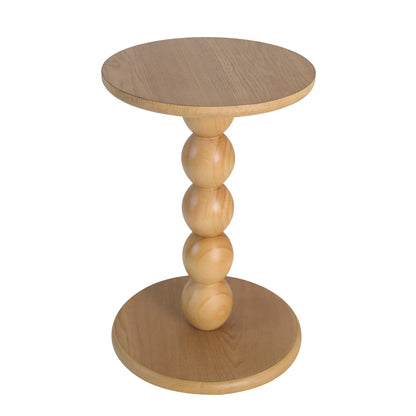 dwellington Small Round Wooden Side Table with Stacked Ball Pedestal Base, 12.4 X17.32 Accent Nightstand for Living Room, Bedroom, Corners (Natural)