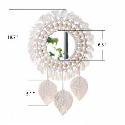 Artilady Macrame Hanging Wall Mirror - Boho Fringe Round Handmade Decorative Acrylic Mirror for Apartment Living Room Bedroom Baby Nursery Home Decor (Leaf)