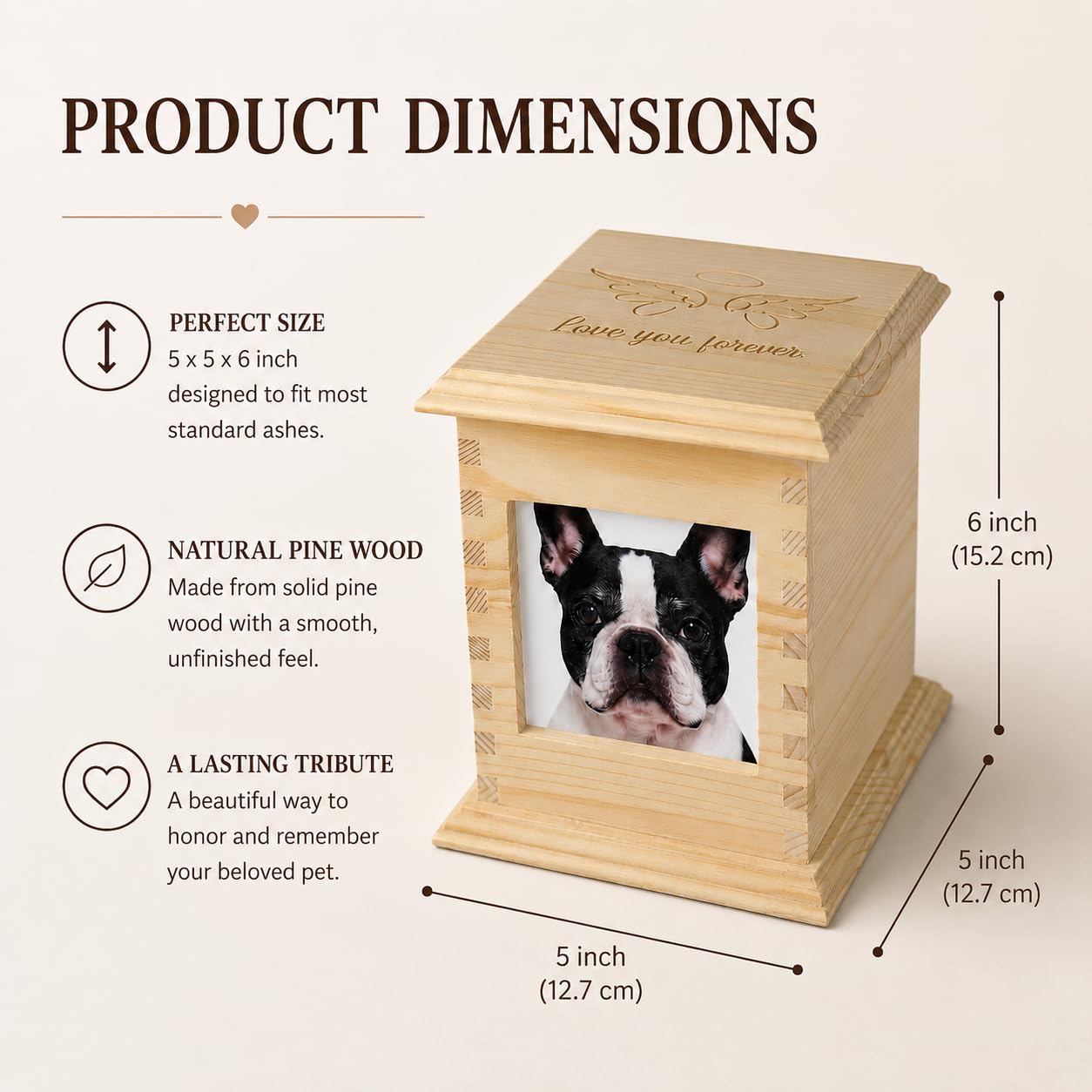 Pet Memorial Urn for Dogs & Cats with Photo Frame, Wooden Keepsake Ashes Box with Engraved Lid, Sympathy Gift for Loss of Pet, Decorative Memorial Box for Home Display