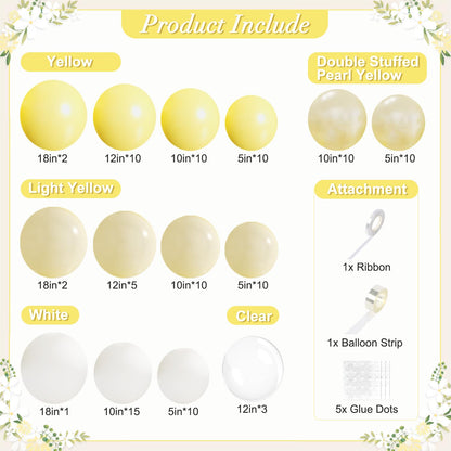 Yellow Balloon Arch Kit 108Pcs Double Stuffed Pearl Yellow Pastel Yellow White Clear Balloons for Bridal Shower Baby Shower Birthday Wedding Engagement Party Decorations