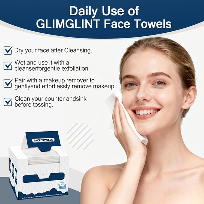 GLIMGLINT Face Towels，200 Count Disposable Face Towelettes, Biodegradable