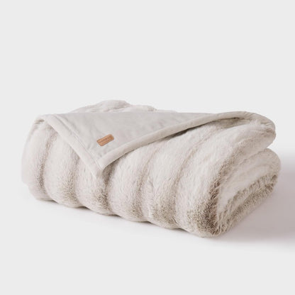 EverGrace Soft Luxury Faux Rabbit Fur Throw Blanket for Couch, Cozy Fluffy Channel Throw Blanket for Bed, Fuzzy Warm Thick Mink Blanket with Reversible Plush Velvet for Winter, Beige, 60"x80", 820GSM