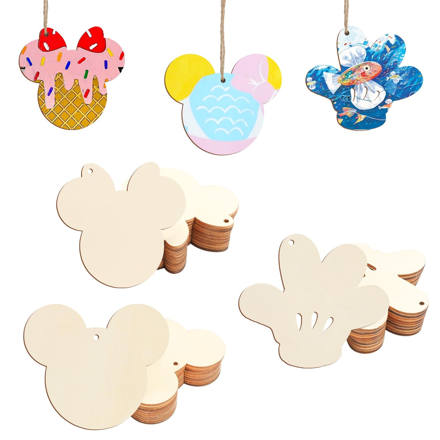Tmflexe Mouse Head Hand 30Pcs Unfinished Wooden Gift Ornaments DIY Craft Birthday Present Paintable Blank Natural Mouse Head Cutouts Hanging Wood Slices for Kids Art Crafts DIY Gift Party Supplies