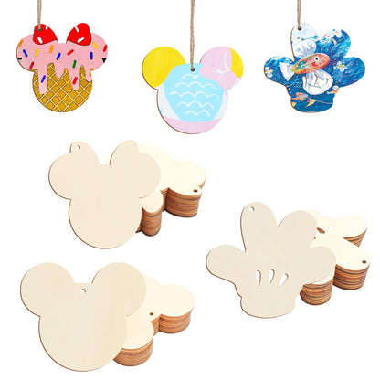 Tmflexe Mouse Head Hand 30Pcs Unfinished Wooden Gift Ornaments DIY Craft Birthday Present Paintable Blank Natural Mouse Head Cutouts Hanging Wood Slices for Kids Art Crafts DIY Gift Party Supplies