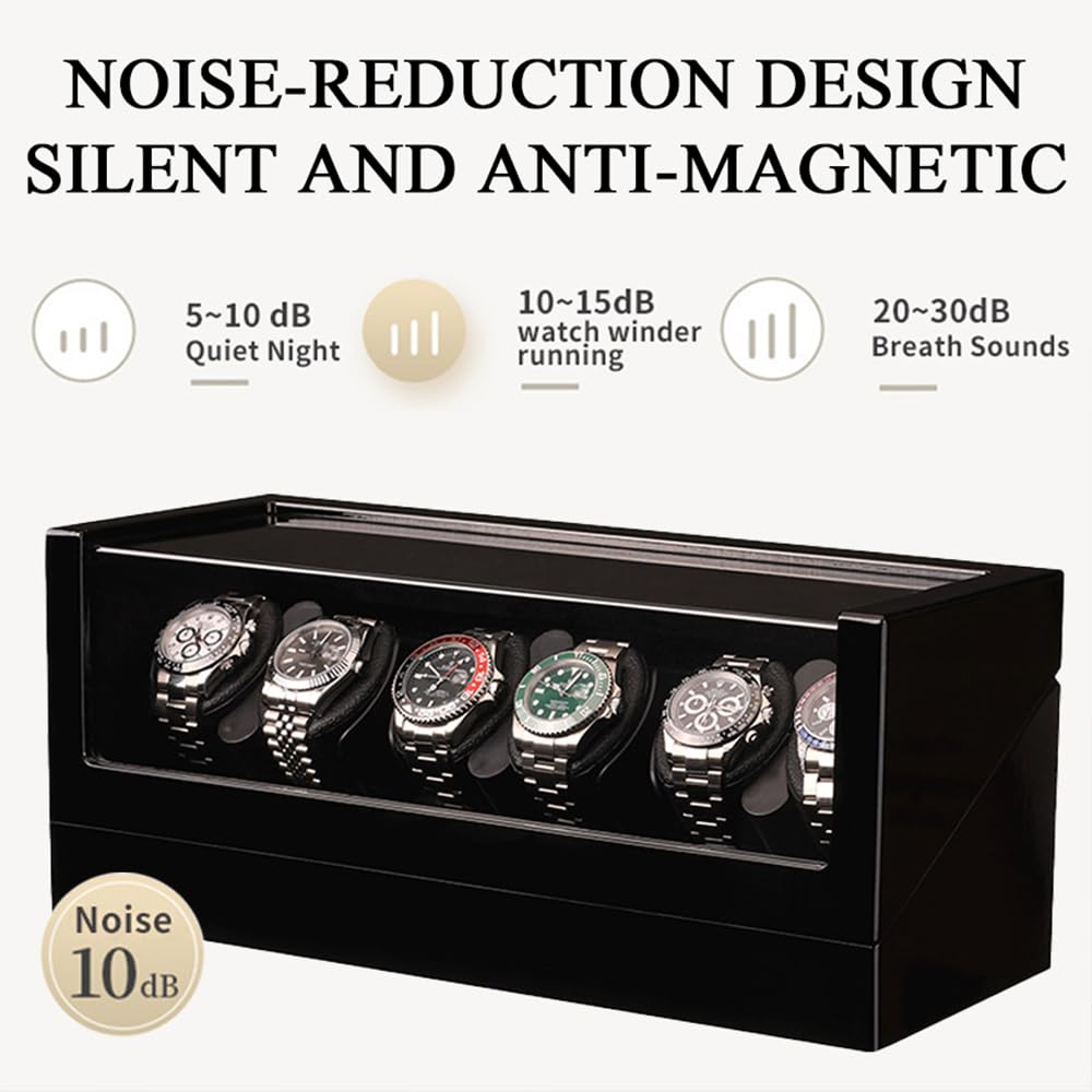 Mineesi Automatic Watch Winder for 6 Watches with Ultra-Quiet Japanese Motor, Dual Power Supply, Acrylic Display Case for Rolex, Automatic Watches - M160 Series