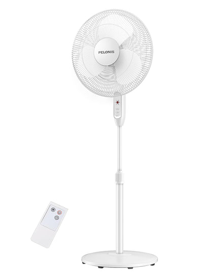 PELONIS 16'' Pedestal Fan for Bedoom with Remote, Upgraded, Standing Fan with 7-Hour Timer, 90° Oscillation, 3-Speeds, Adjustable Height, Electric Cooling Fans for Living Room and Office