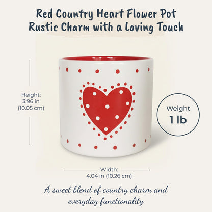 Blue Sky Clayworks Red Country Heart 4'' Flower Pot, Cherry Dot Charm for Tiny Greens