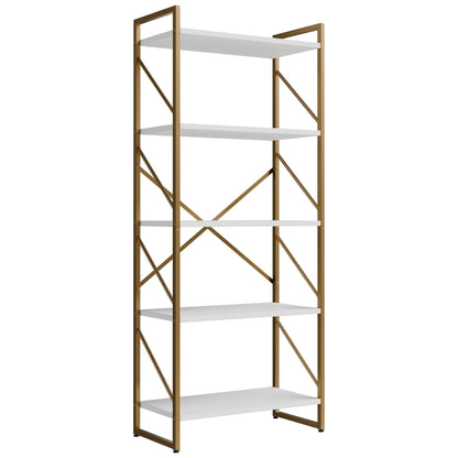 Shintenchi 5 Tiers Bookshelf, Classically Tall Bookcase Shelf,Industrial Book Rack,Modern Book Holder in Bedroom/Living Room/Home/Office, Storage Rack Shelves for Books/Movies,Gold