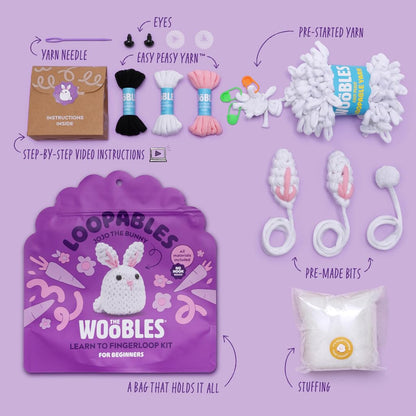 The Woobles Crochet Kit for Beginners with Easy Peasy Loopable Yarn, As Seen on Shark Tank - Easy Arts and Crafts Knitting & Crochet Animals Kit with Step-by-Step Video Tutorials (JoJo the Bunny)