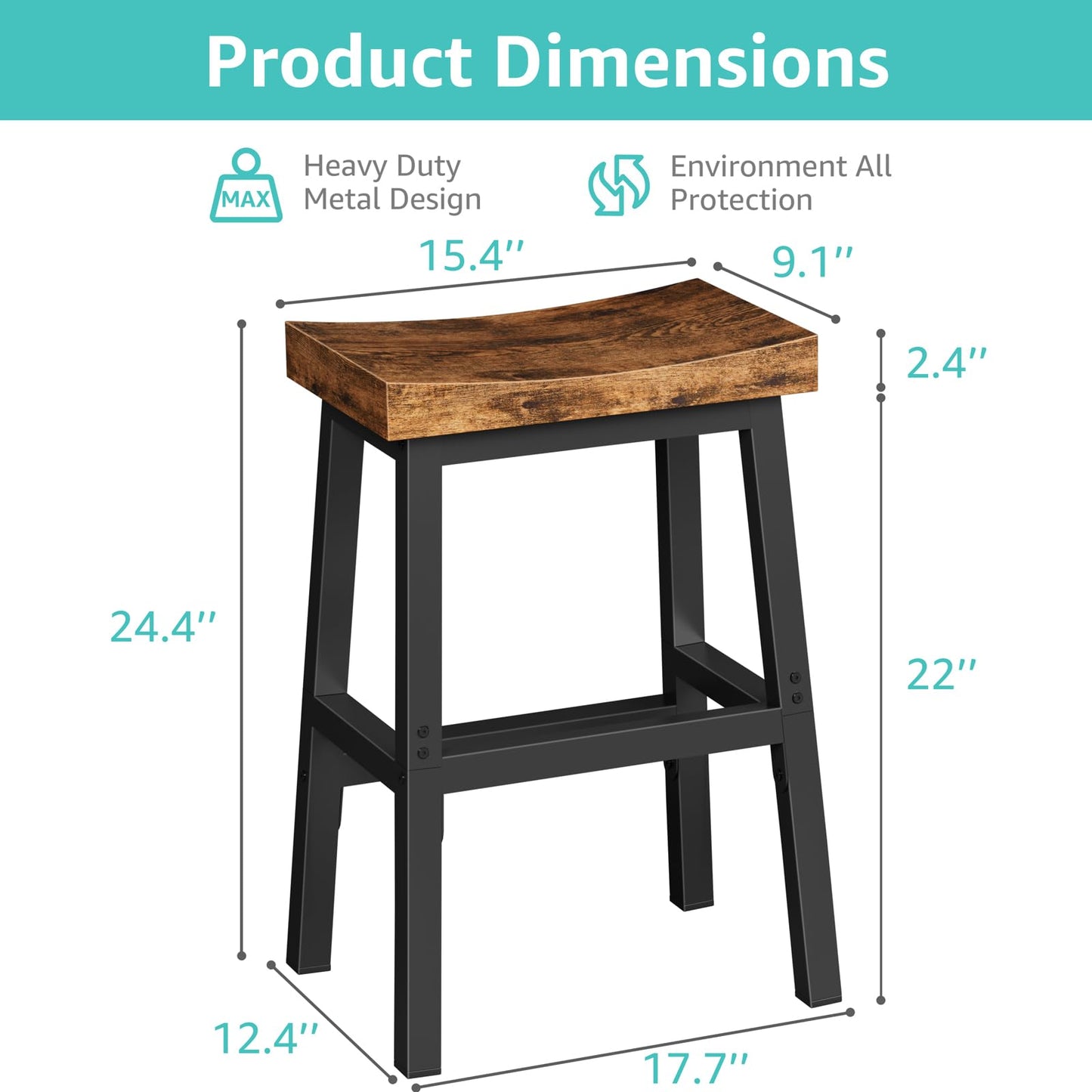 WINAZ Rustic Bar Stools, 24 Inch Barstools Set of 2, Counter Height Stool with Footrest, Wooden Stools for Kitchen Island, Heavy Duty Backless Chair for Dining Table Farmhouse Outdoor