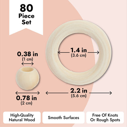 Bright Creations Set of 50 Wooden Beads and 30 Rings for Macrame, DIY Pendant Connectors, Wall Hanging Craft (2.2 in/20mm)