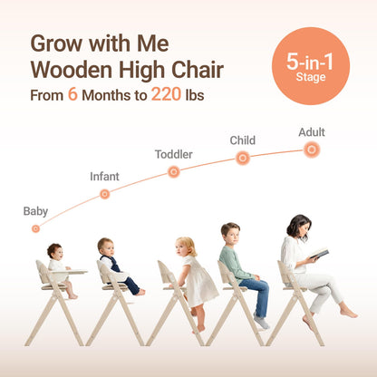 Mamazing GrowPod Pro Wooden Baby High Chair for 6 Months to 220lbs, Easy to Clean with Tray, Compact Foldable Highchair for Kitchen & Dining Room, with 5-Point Safety Harnesses and Guard Bar