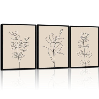 CHTEXA Minimalist Botanical Wall Art Set Of 3 Framed Canvas Prints Neutral Beige Plant Line Art Decor For Living Room Bedroom Bathroom Office 12x16 Inch