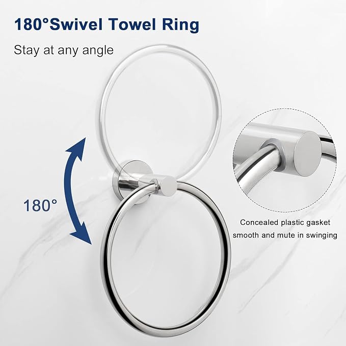 NearMoon Bath Towel Ring, Bathroom Hardware Accessories-Thicken Stainless Steel Hand Towel Holder for Bathroom, Modern Round Towel Hanger Wall Mounted (Chrome, 5 Pack)