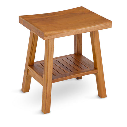 StrongTek Teak Shower Stool with Storage Shelf, 18-Inch Pre-Oiled Teak Wood Bath Seat Bench, Ergonomic Curved Seat, Easy Assembly, Water-Resistant, 350 lbs Capacity, Ideal for Bathroom, Spa & Home Use