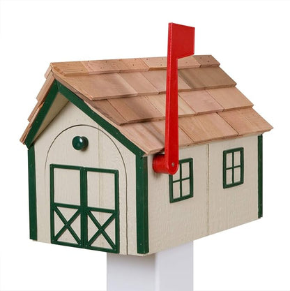 Peaceful Classics Amish Cedar Roof Wooden Mailbox with Window & Door Trim, Handcrafted Mailboxes for Outside, Post Mount Residential Mailboxes - (Beige with Forest Green Trim)