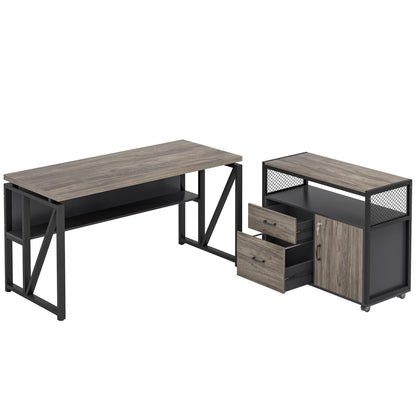 Tribesigns Grey Executive Desk with Cabinet, 55" L Shaped Computer Desk and lateral File Cabinet with Locks, 2 Piece Home Office Furniture Set for Hanging