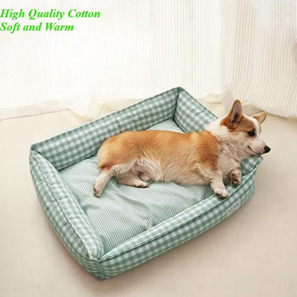 Orthopedic Rectangle Dog Bed for Medium Small Dogs, Plaid Plush Modern Puppy Sofa Bed with Anti-Slip Bottom, Cute Calming Pet Bed(Khaki,Medium)