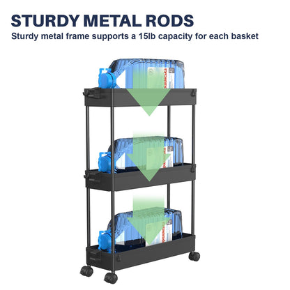 SPACELEAD 3 Tier Rolling Cart with Wheels, Storage Craft Art Trolley Organizer Serving, 3 Hanging Baskets Easy Assembly, for Office, Bathroom，Living Room, Kitchen, Black