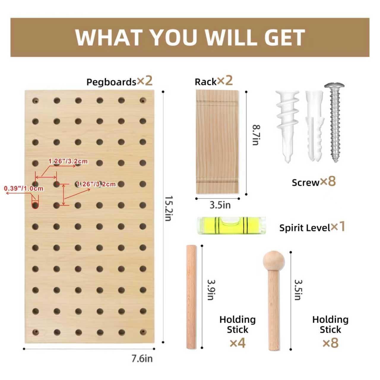UMICAL 2 Pack Beige Wooden Pegboard Modular Wall Organizer