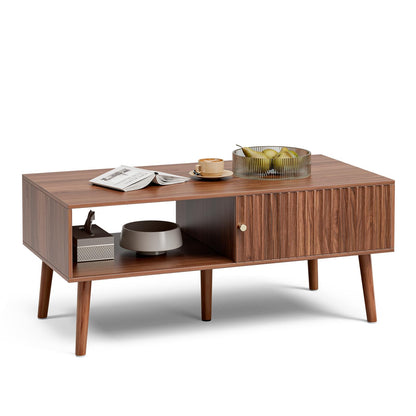 LCRBOL Coffee Table with Fluted Sliding Door, Mid-Century, Walnut