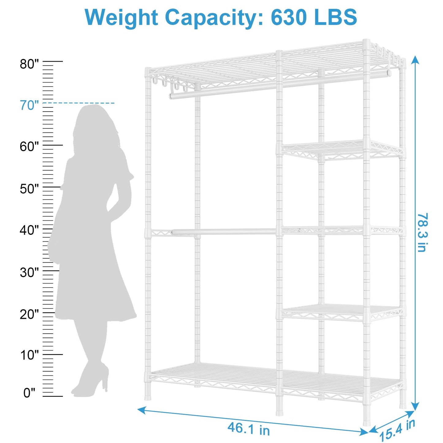 Ulif F2 Clothes Rack, 5 Tiers Heavy Duty Garment Rack for Bedroom, Freestanding Adjustable Closet Storage Organizer, 46.1" W x 15.4" D x 78.3" H, Load 630lbs, Upgraded White