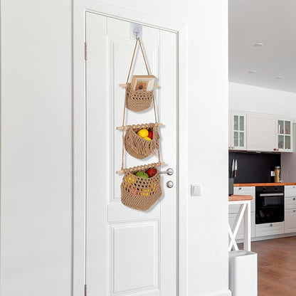 3 Tier Hanging Fruit Basket, Wall Hanging Vegetable Fruit Baskets Cotton Woven