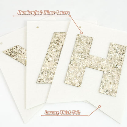 Felt Happy Birthday Banner with Glitter Letters, Cream White Boho Groovy Garland, Reusable Gold Glitter Sign, Thick Felt Bunting Decor for Sweet 16 21st 30 40 50 60 70 Birthday Party