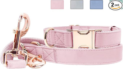 Soft Leather Dog Collar and Leash (6.6') Set - Stylish Rose Gold Heavy Duty Metal Buckle, 4 Adjustable Lengths Leash for Small Medium Large Dogs - Comfortable & Easy to Clean Pink M(13.8"-19.7")