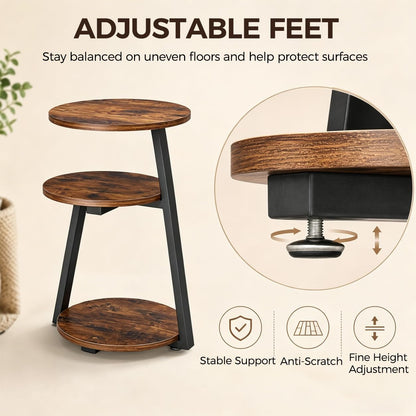 BEWISHOME Round Side Table, 3-Tier End Table, Nightstand with Metal Frame, Vintage Accent Table for Small Spaces with Storage Shelf, Living Room, Bedroom, Brown, 15.35"L x 13.78"W x 23.62"H, KTZ41Z