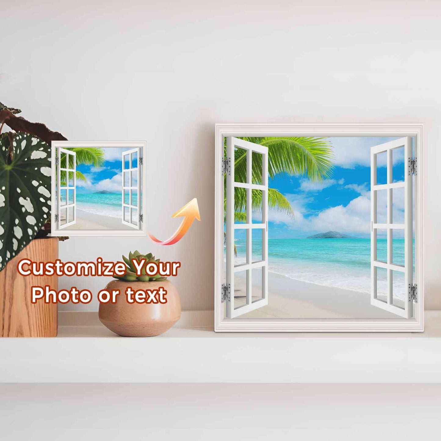 Blue Sky Beach Wood Box Sign Desk Decor, Coconut Trees Island Windows View Decorative Wooden Block Box Sign Decorations for Home Office Shelf Table Decor 6x6 Inches