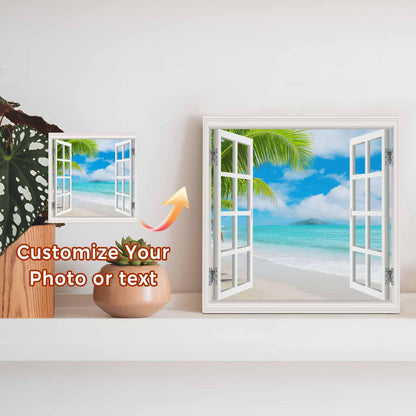 Blue Sky Beach Wood Box Sign Desk Decor, Coconut Trees Island Windows View Decorative Wooden Block Box Sign Decorations for Home Office Shelf Table Decor 6x6 Inches